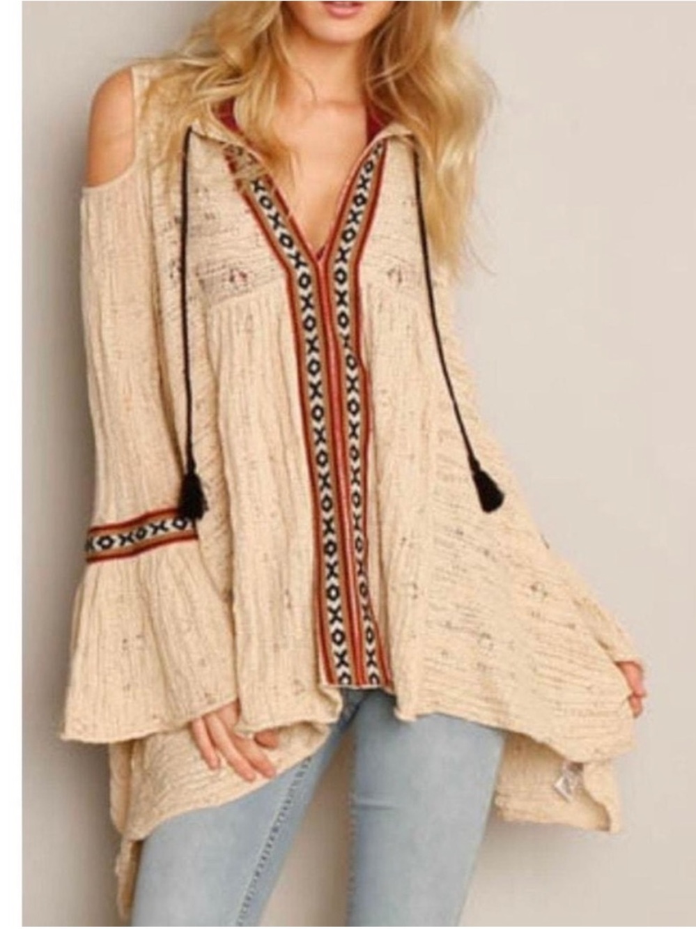 Free People “For The Love of Flowers Tunic” Top Textured Flare Sleeve Boho SZ M
